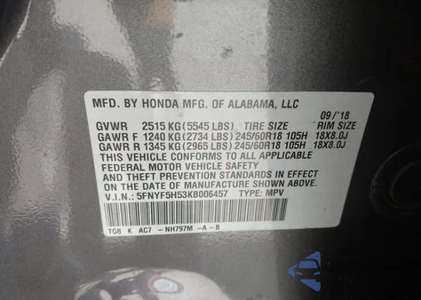 2019 Honda Pilot Ex-L z USA, uszkodzony, nr VIN 5FNYF5H53KB006457